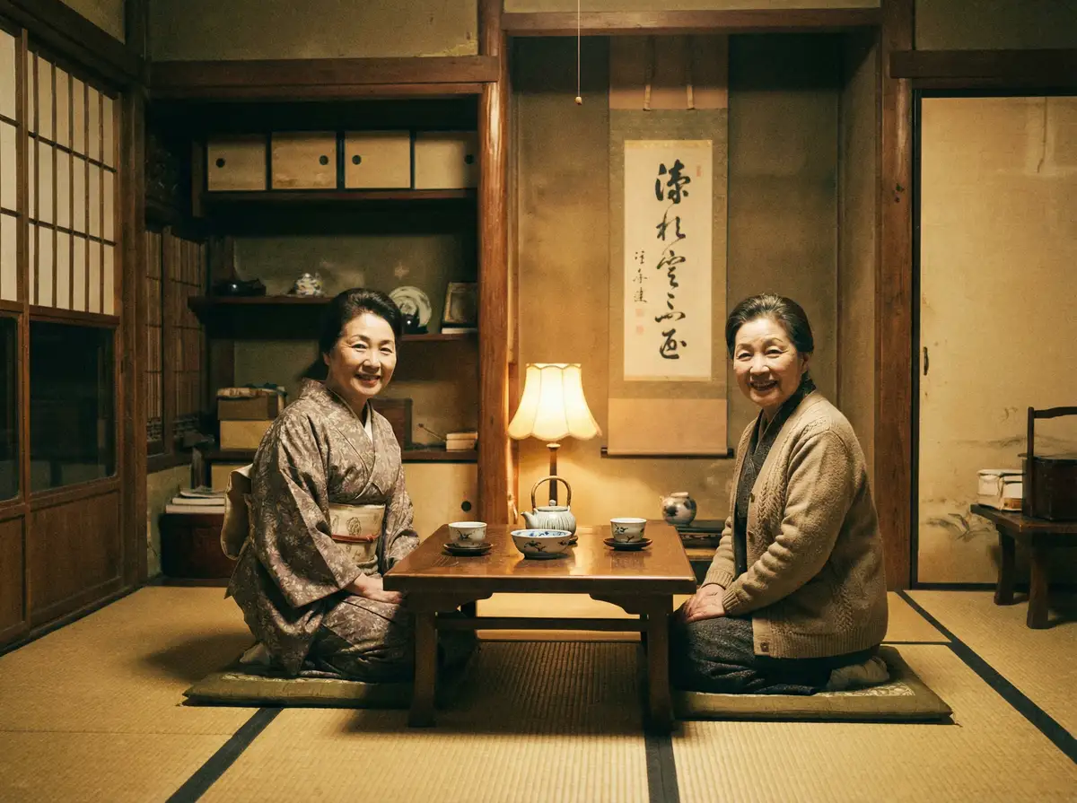 两位优雅的 性奴 在日式茶室中品茶交谈